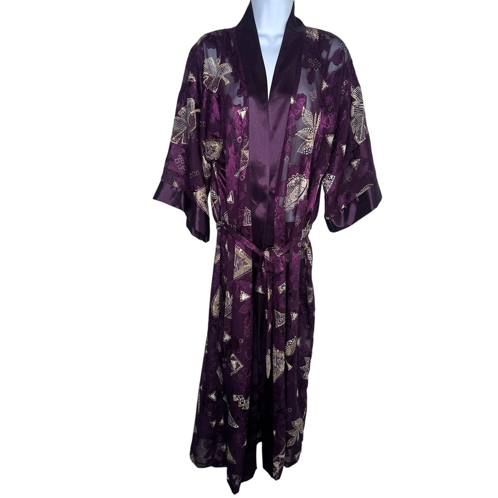 Vintage 90s California Dynasty Semi Sheer Maxi Robe Kimono  Plum Large L Gold